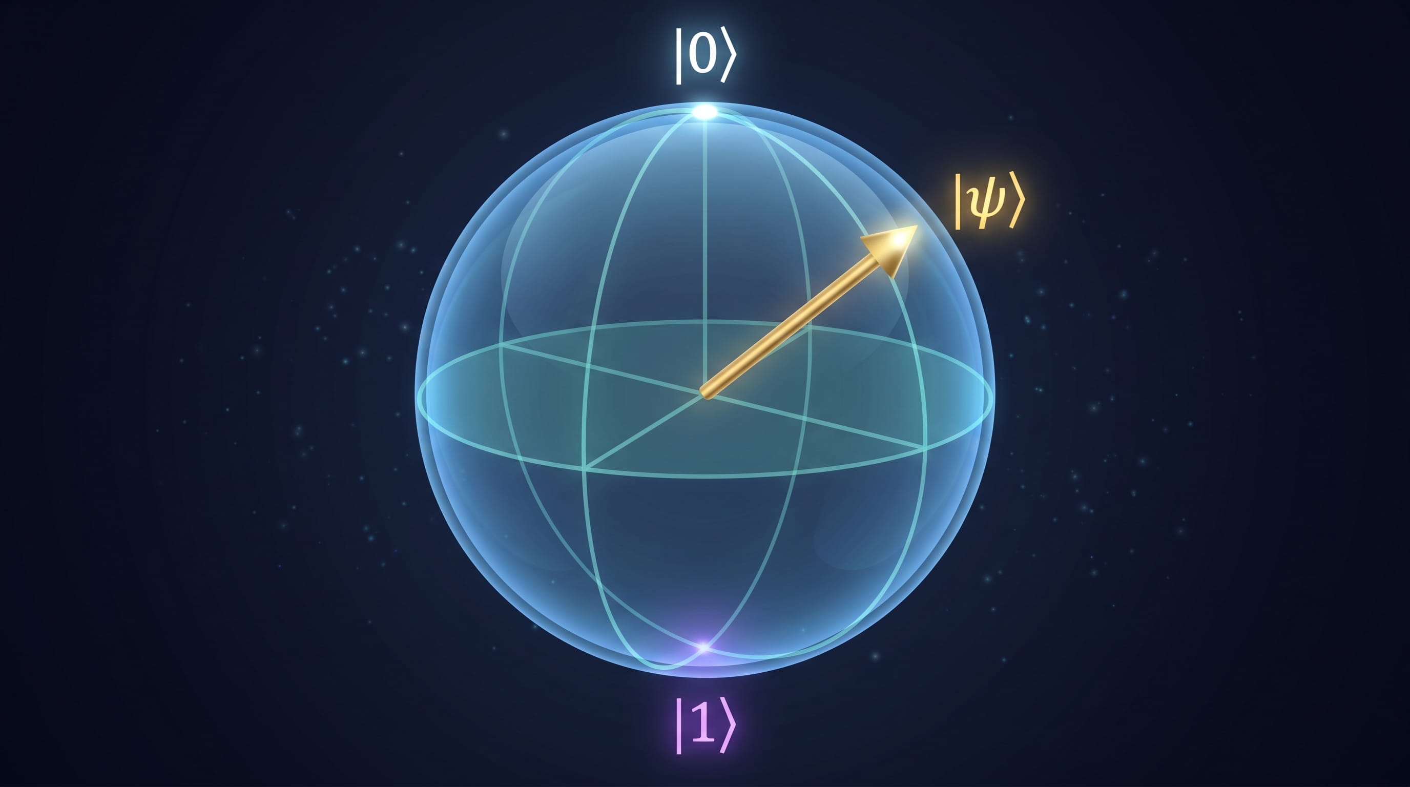 Bloch Sphere 3D — bola transparan berwarna biru dengan dua kutub berlabel |0⟩ di atas dan |1⟩ di bawah, dan vektor panah emas menunjuk ke titik sembarang di permukaan bola