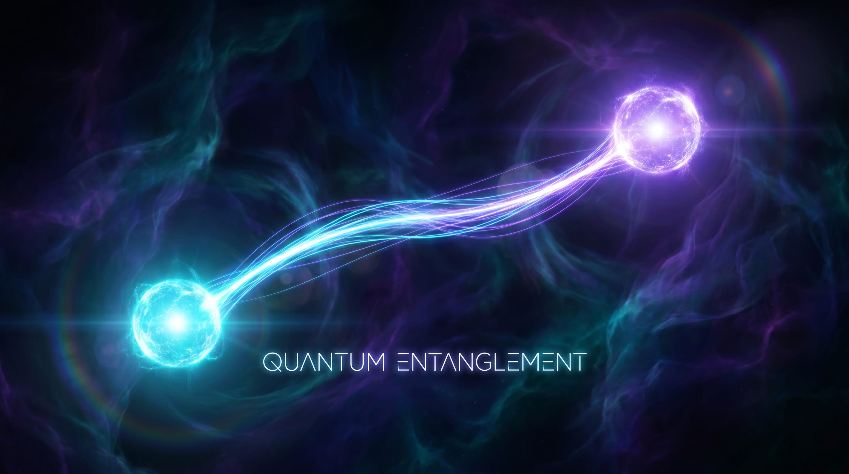 Visualisasi entanglement kuantum — dua partikel bercahaya biru-ungu terhubung oleh benang cahaya berwarna cyan, dipisahkan jarak yang jauh di latar belakang galaksi gelap